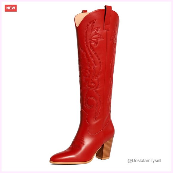 Women's Knee High Cowboy Boots Pointed Toe Chunky Heel Embroidered Western